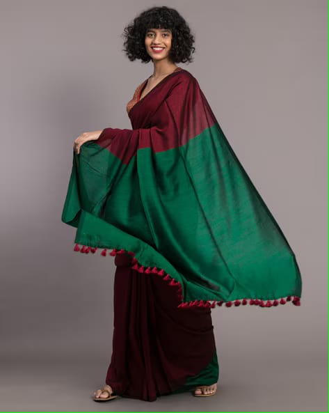 Maroon & Green Khadi Cotton Saree