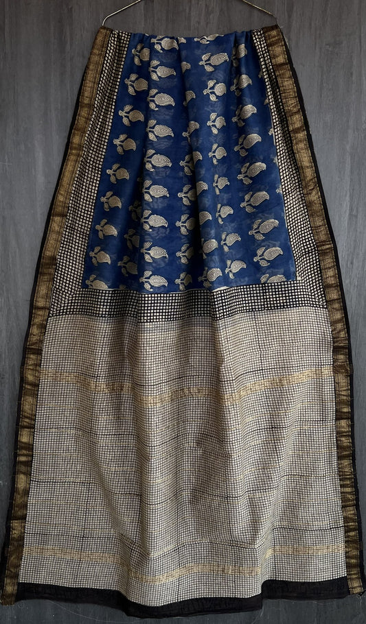 Hand Block (Bagru) Printed  Pure Maheswari Silk Saree