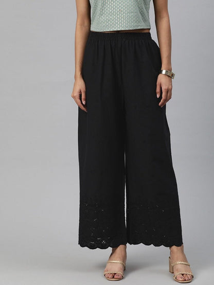 Black Cotton  Embroidered Palazzo Pants