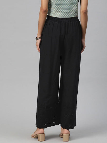 Black Cotton  Embroidered Palazzo Pants