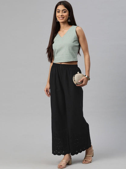 Black Cotton  Embroidered Palazzo Pants