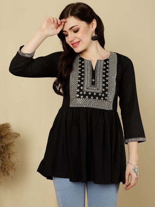 Black Rayon Embroidered Short Kurti Top