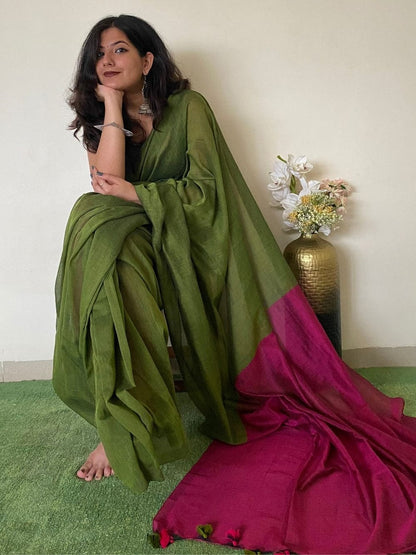 Mehandi Green &Magenta Khadi Cotton Saree