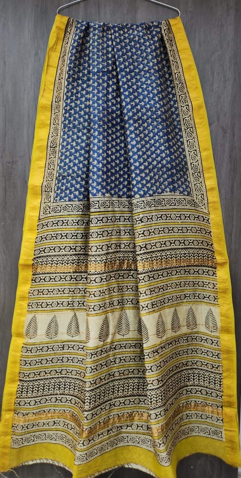 Blue & Yellow Hand Block Printed  Pure Maheswari Silk Saree