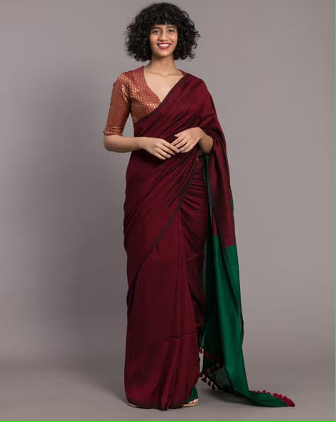 Maroon & Green Khadi Cotton Saree