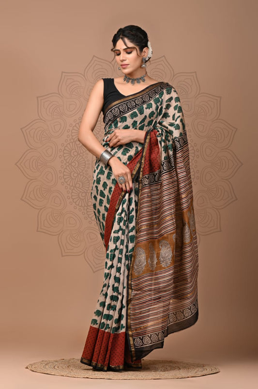 Bagru Printed Pure Chanderi Silk Saree