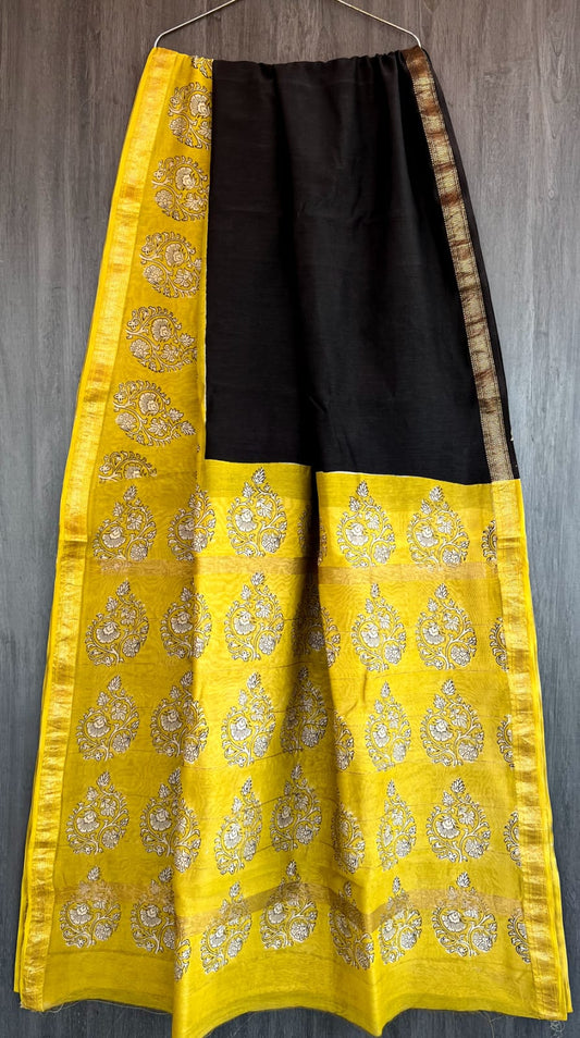 Black & Yellow Hand Block Printed  Pure Maheswari Silk Saree