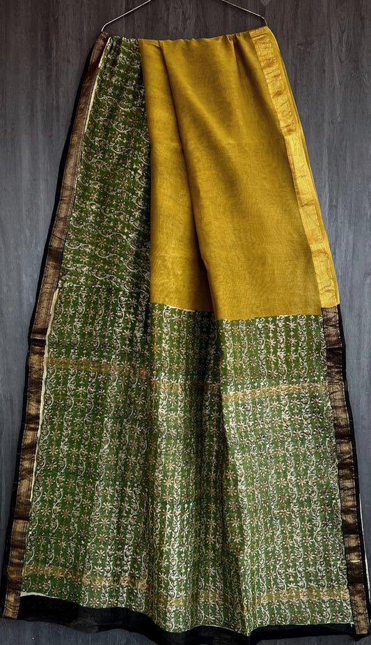 Green & Yellow Hand Block Printed  Pure Maheswari Silk Saree