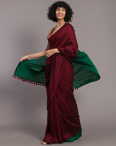 Maroon & Green Khadi Cotton Saree