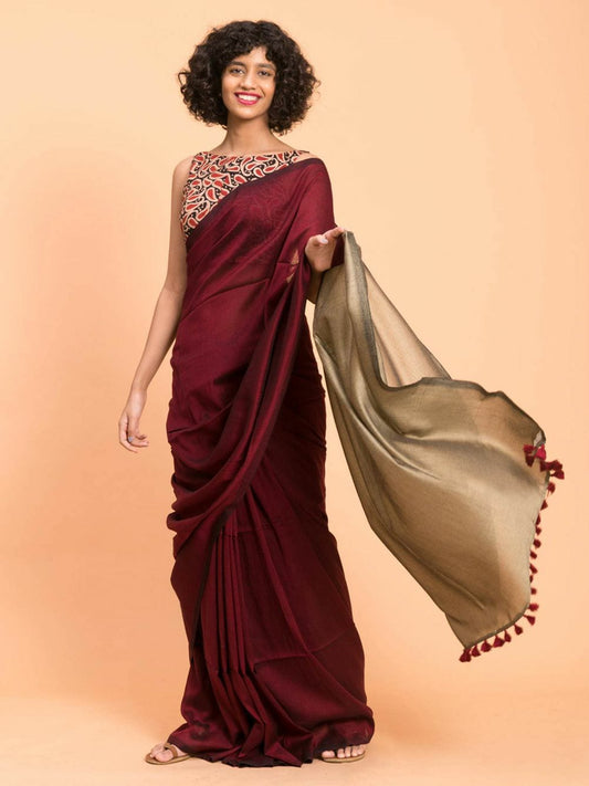 Maroon & Brown Khadi Cotton Saree