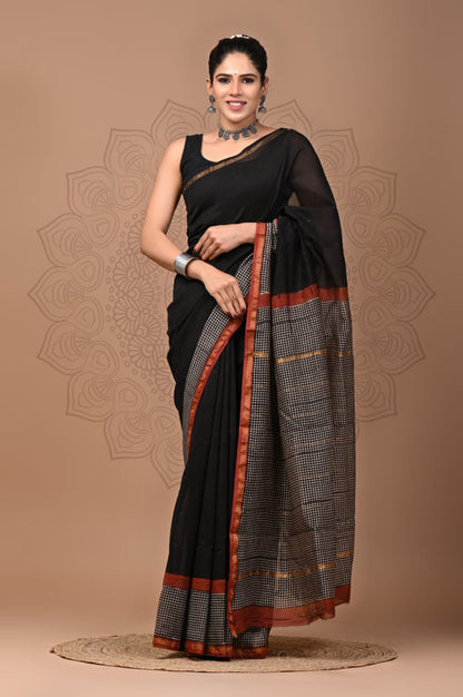 Black Hand Block Printed Pure Chanderi  Saree