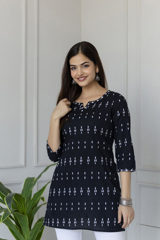 Black Printed Cotton Short Kurti Top