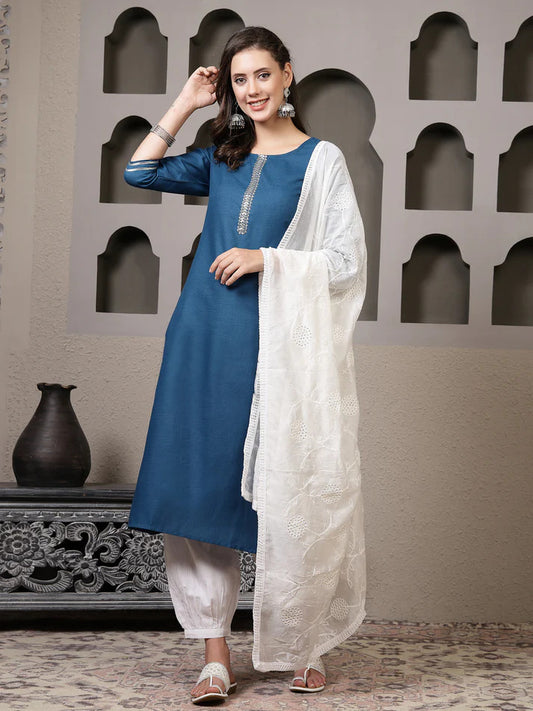 Blue White Cotton Blend Kurti Set