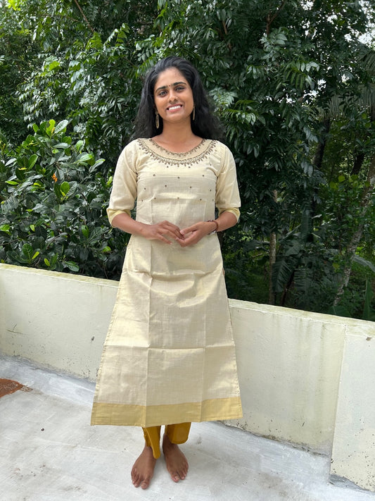 Kerala Tissue Cotton Kurti Top with golden Beads Zari Border(Top Only)