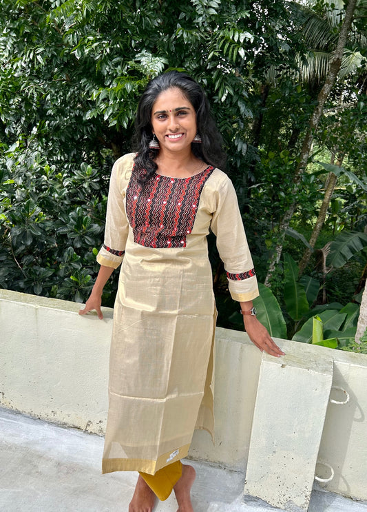 Kerala Cotton Kurti Top with embroidery work & Zari Border(Top Only)