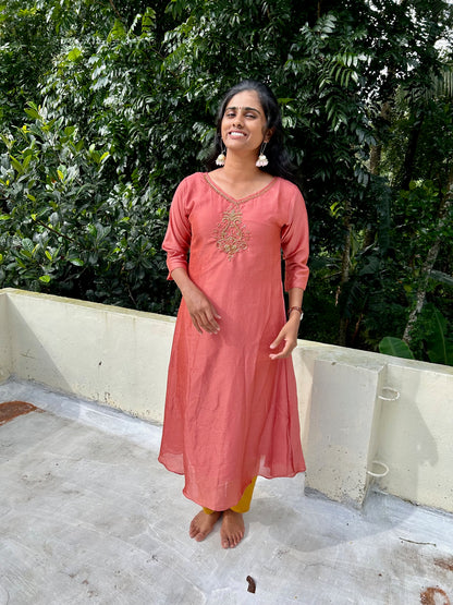 Peach embroidered Vichitra silk A-line kurti top(top only)