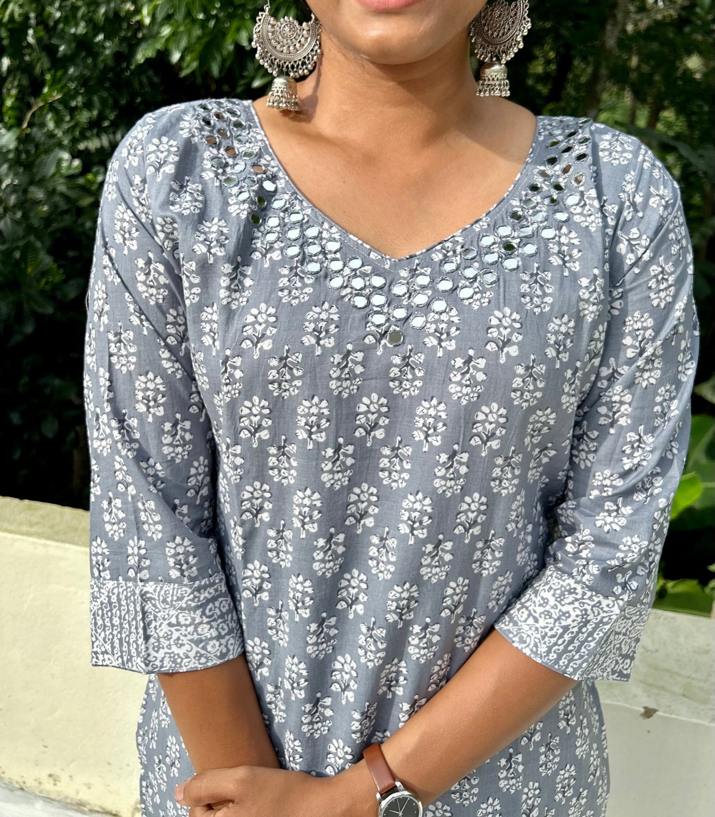 Grey & White Block Printed Cotton Kurti With Pants