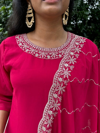 Rani Pink embroidered Georgette Kurti Palazzo with Dupatta