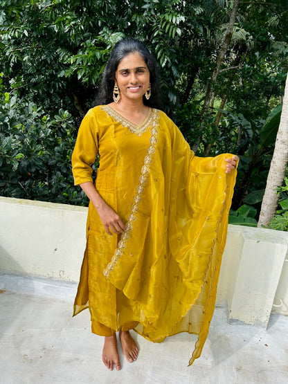 Mustard embroidered Organza Kurti Palazzo with Dupatta