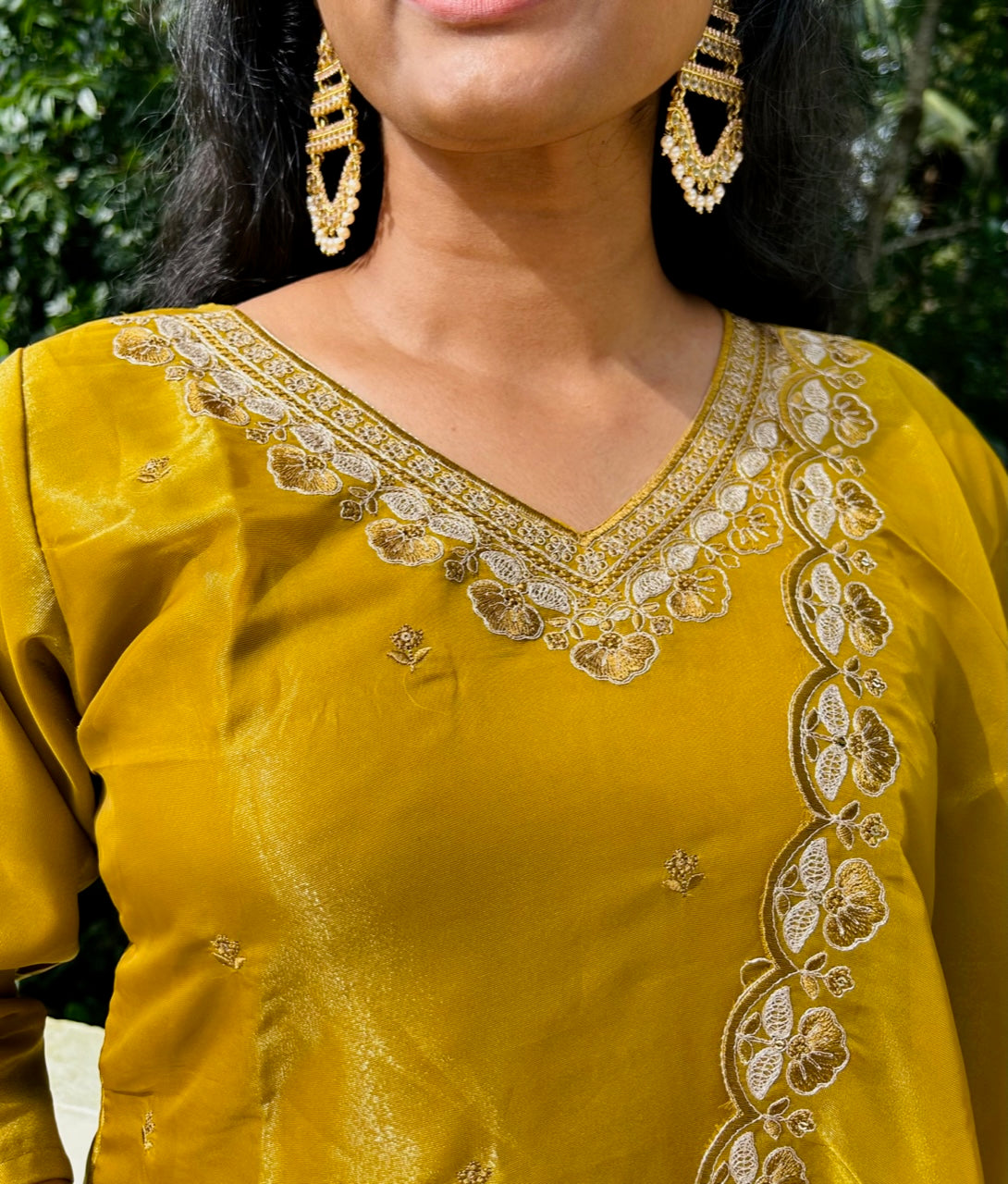 Mustard embroidered Organza Kurti Palazzo with Dupatta