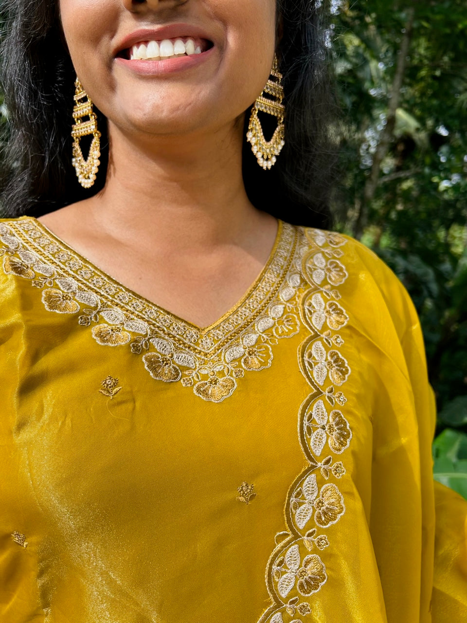 Mustard embroidered Organza Kurti Palazzo with Dupatta