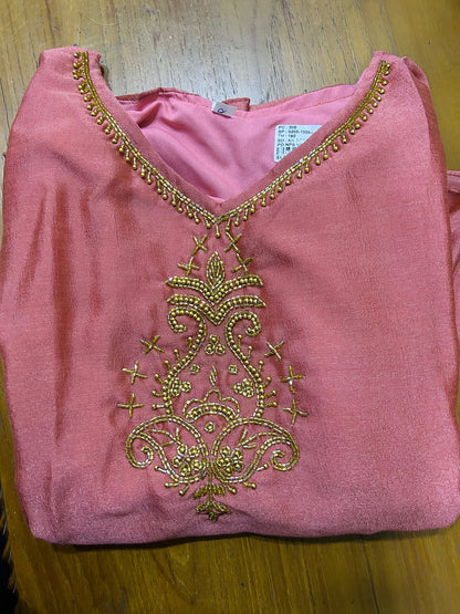 Peach embroidered Vichitra silk A-line kurti top(top only)