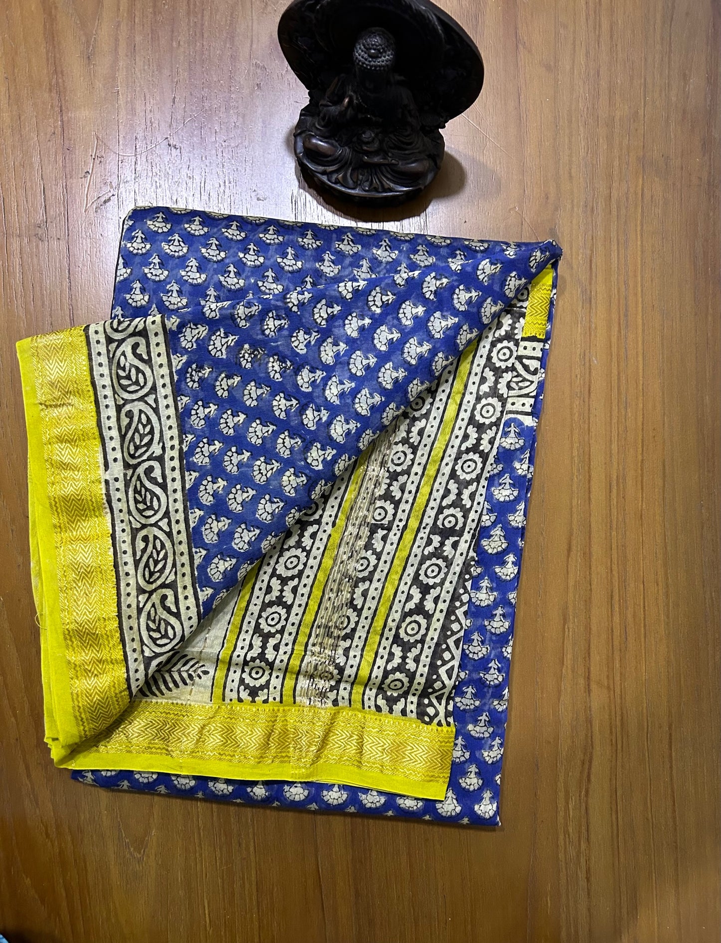 Blue & Yellow Hand Block Printed  Pure Maheswari Silk Saree