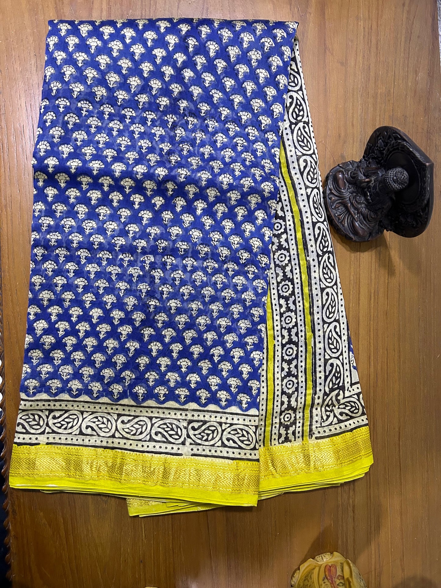 Blue & Yellow Hand Block Printed  Pure Maheswari Silk Saree