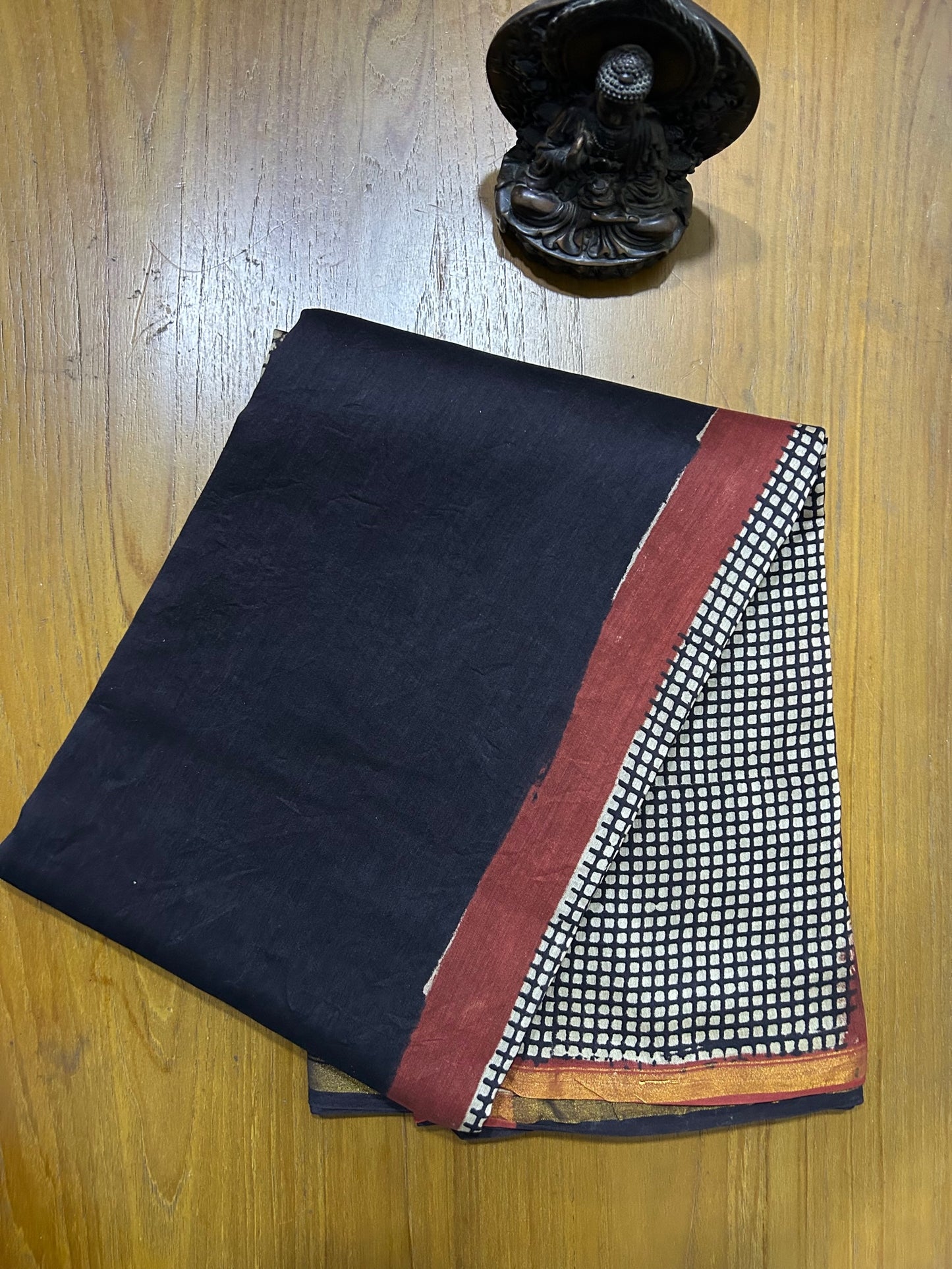 Black Hand Block Printed Pure Chanderi  Saree