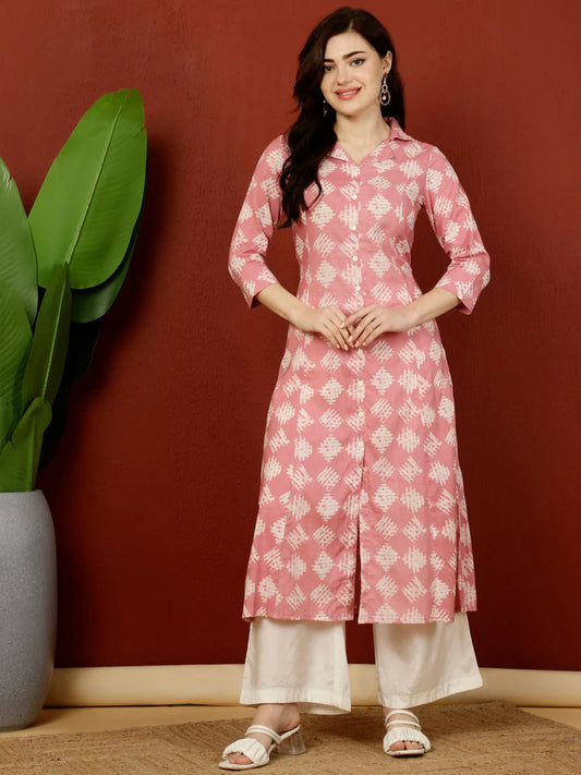 Pink & White Geometric Printed  Cotton Kurti Top (Top Only)