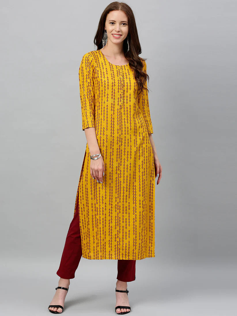 Yellow & Red  Printed Rayon Kurti Top