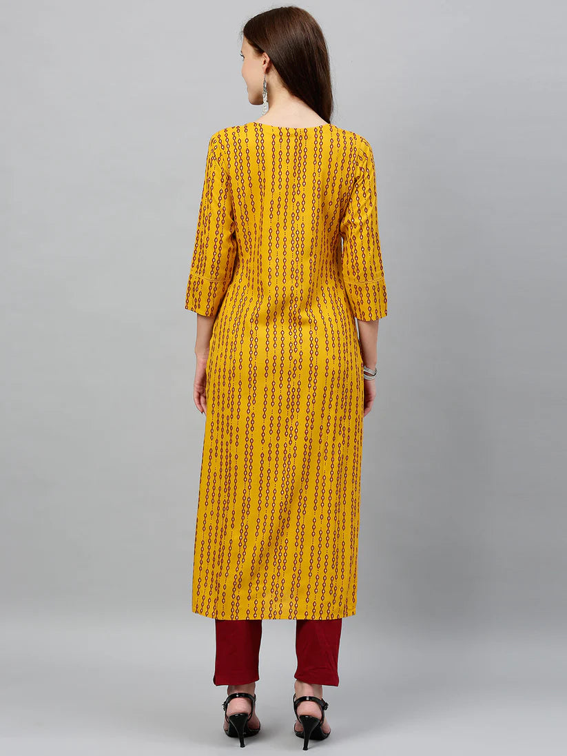 Yellow & Red  Printed Rayon Kurti Top