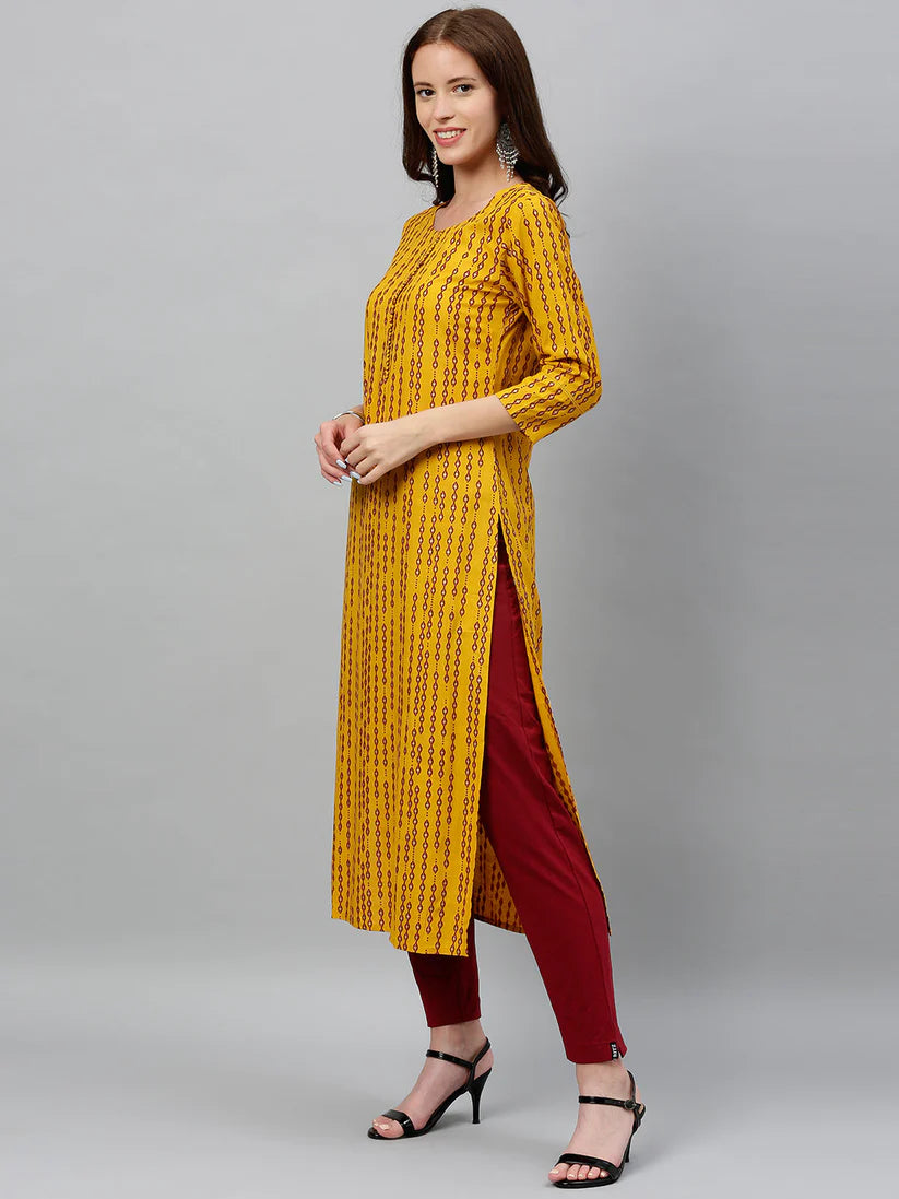 Yellow & Red  Printed Rayon Kurti Top