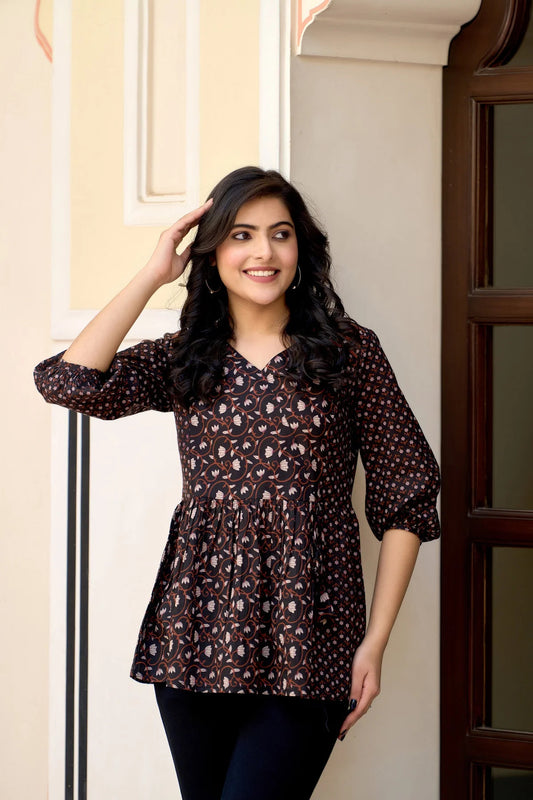 Black floral Printed Cotton Short Kurti Top