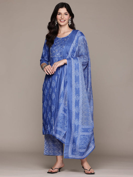 Blue Printed Kurta Palazzo Set with Dupatta