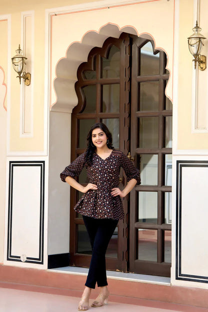 Black floral Printed Cotton Short Kurti Top