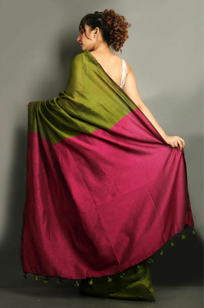 Mehandi Green &Magenta Khadi Cotton Saree