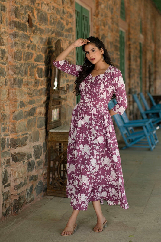 Mauve Floral printed Cotton Dress