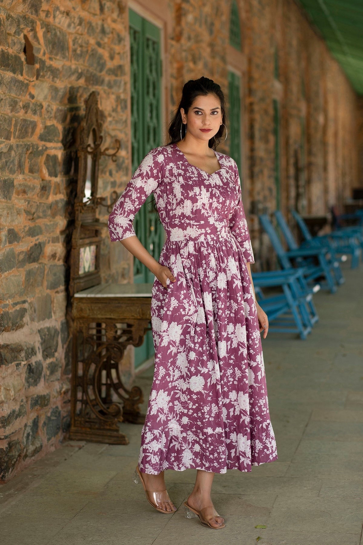 Mauve Floral printed Cotton Dress