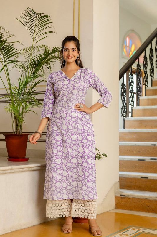 Light Purple Floral Printed Cotton Kurti Top (Top Only)