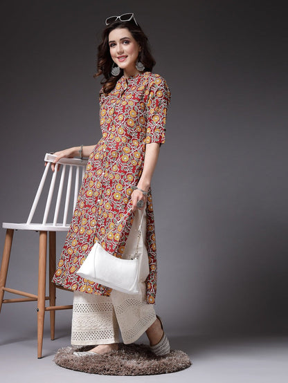 Maroon Cotton Floral printed A-Line Kurti Top (Top Only)