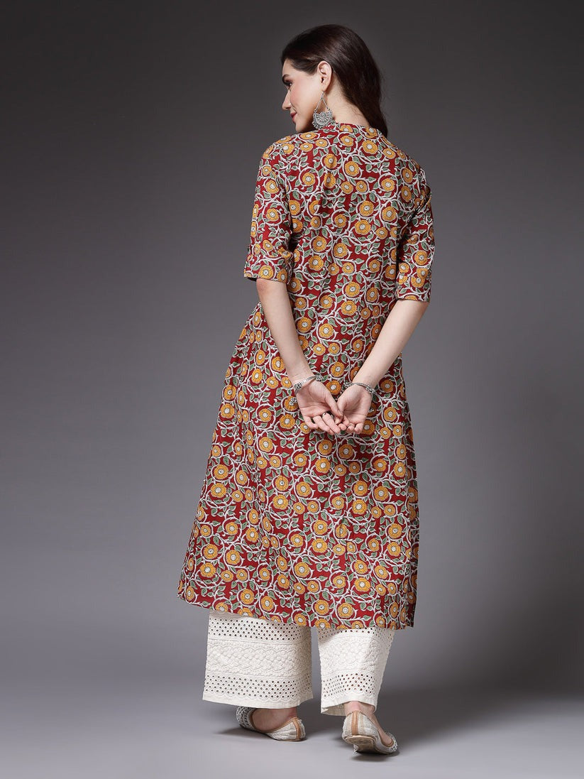 Maroon Cotton Floral printed A-Line Kurti Top (Top Only)