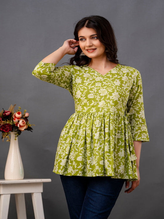 Green Floral Printed Cotton Peplum Top