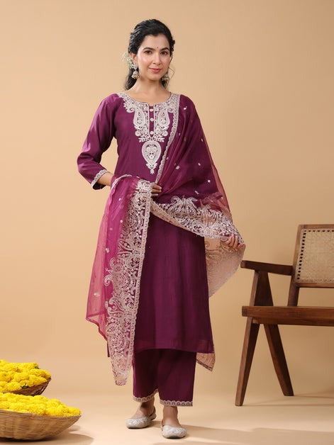 Wine Embroidered Semi Silk Kurti Palazzo With Dupatta