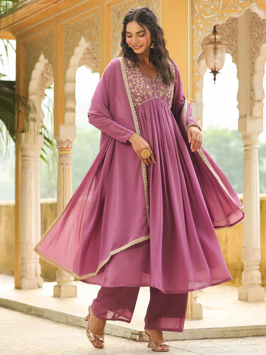 Lavender Georgette Floral Embroidered Kurta Palazzo with Dupatta set