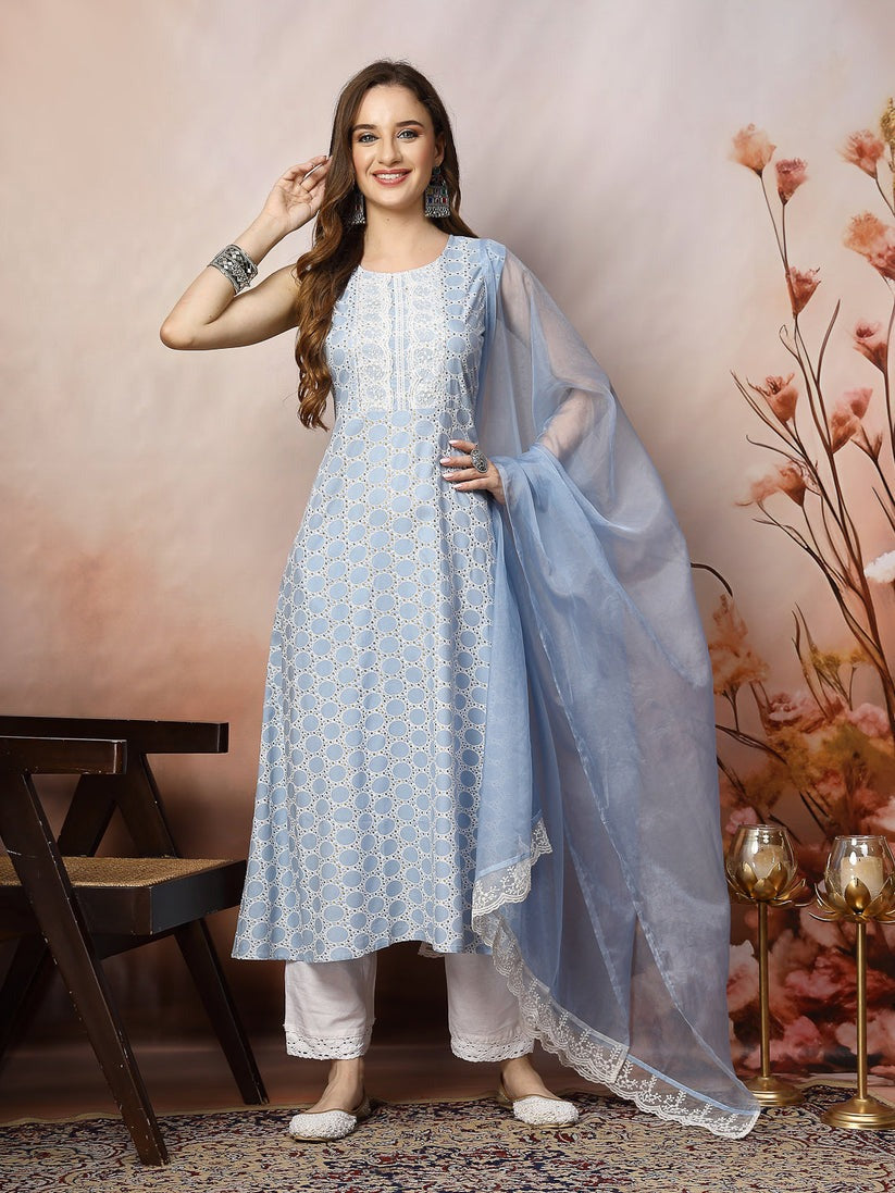 Rayon Printed Embroidered Kurta Dupatta Set (No Pants Included)