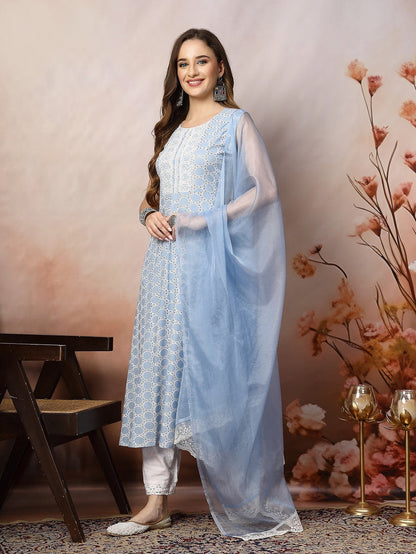 Rayon Printed Embroidered Kurta Dupatta Set (No Pants Included)