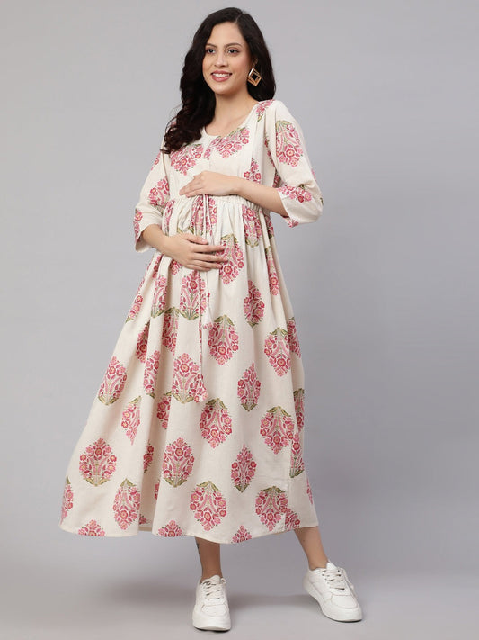 Off White Block  printed Cotton Maternity Dress