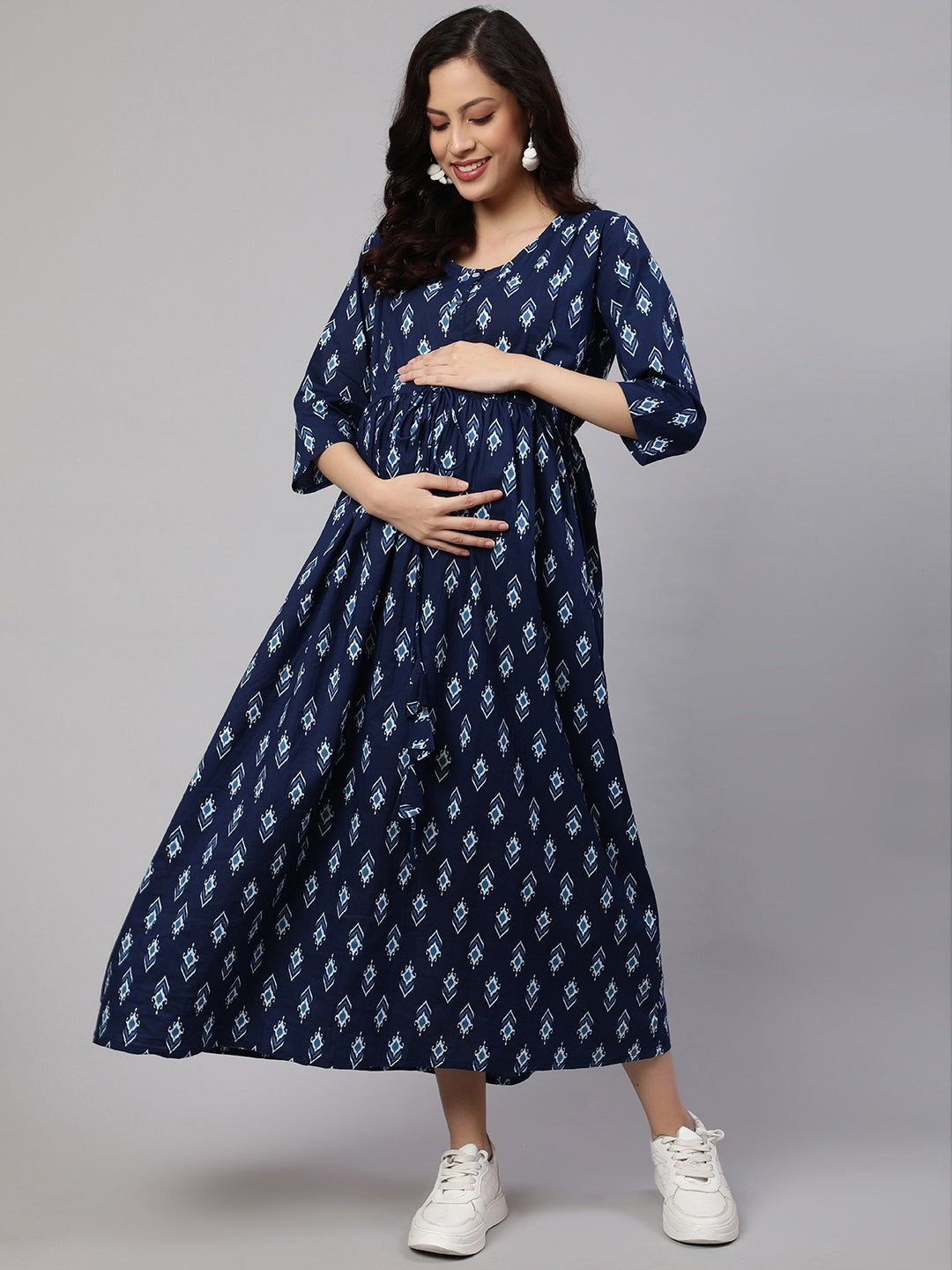 Navy Blue printed Cotton Maternity Dress