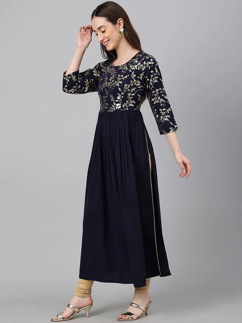 Navy Blue Gold Foil Printed Cotton Poly Crepe Kurti Top